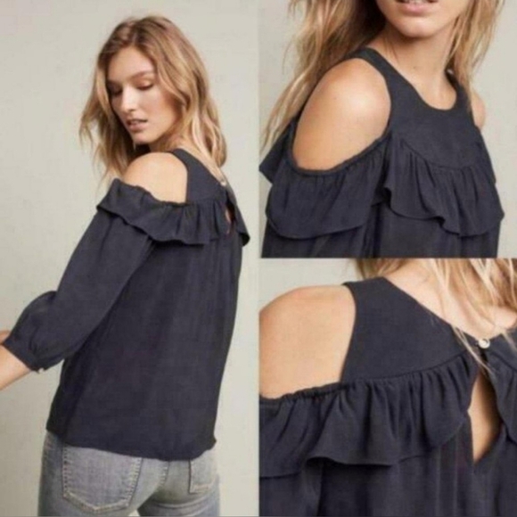 Anthro MAEVE RUFFLE COLD SHOULDER CUT OUT LIGHTWEIGHT BLACK DRESSY BLOUSE SIZE 2 - Picture 3 of 15